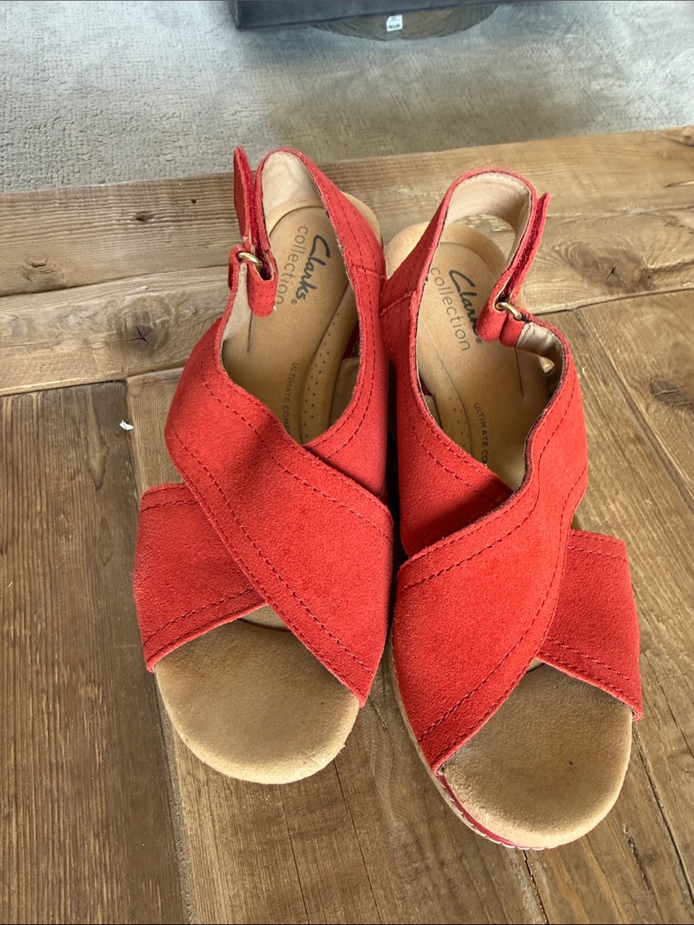 Clarks Red Suede Crisscross Slingback Wedge Sandals